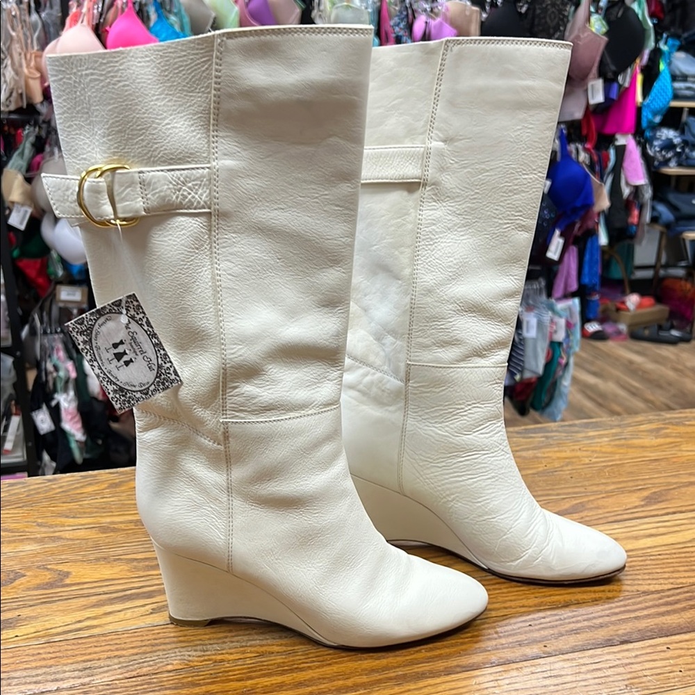 LOEFFLER RANDALL | Italian leather ivory leather wedge boots